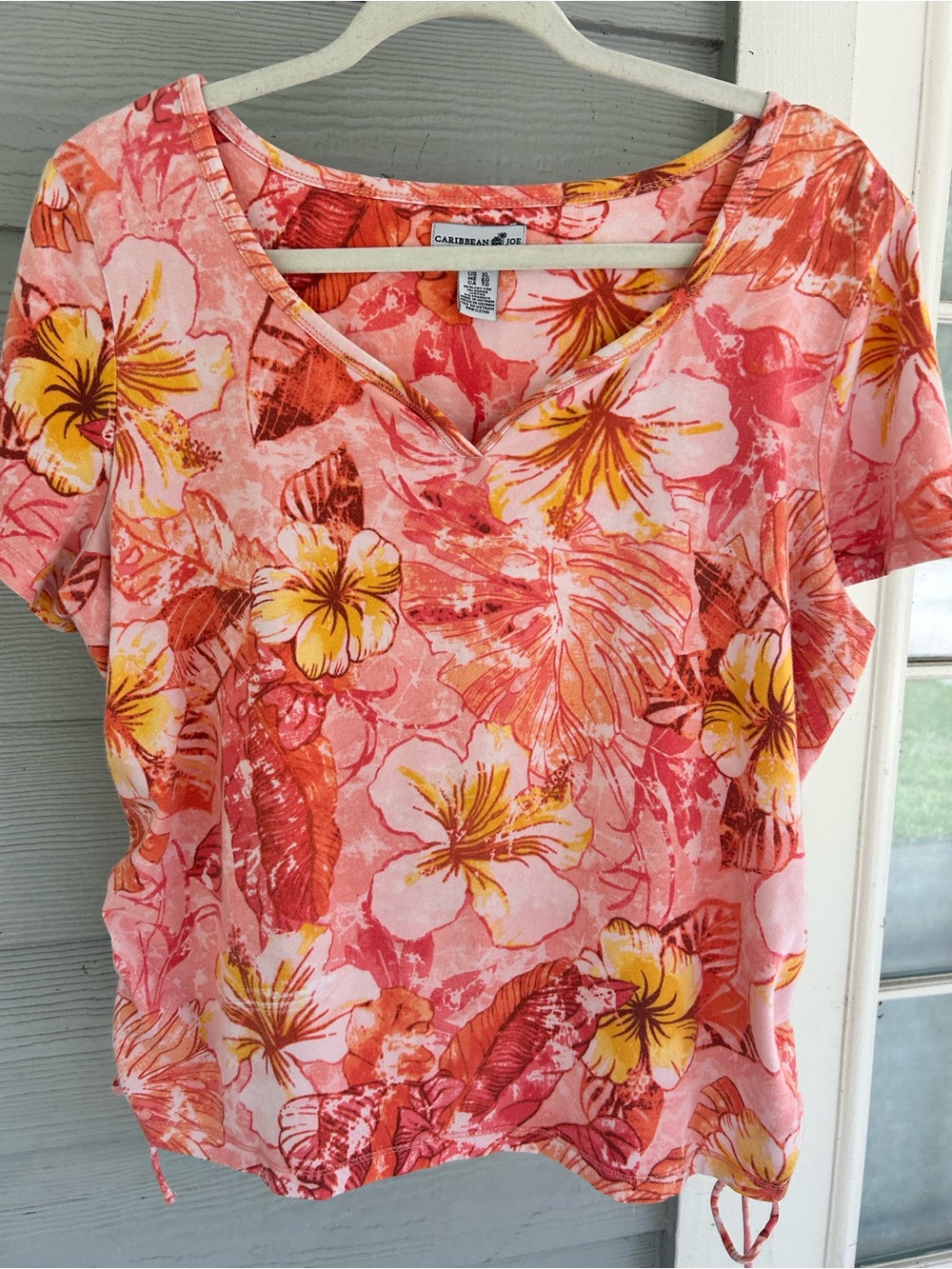 Caribbean Joe Pink and Yellow Floral V-Neck Short Sleeve Top